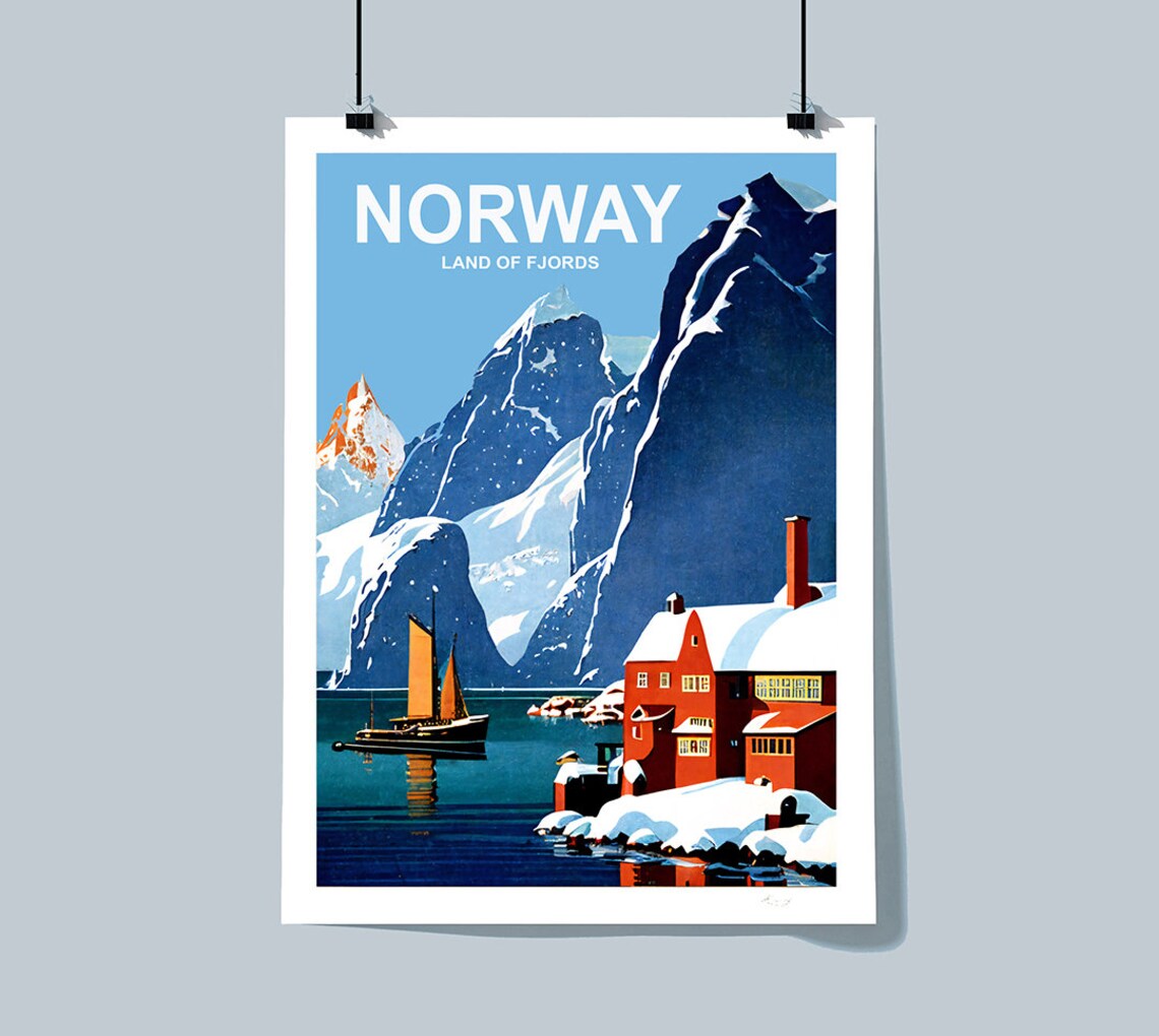 Norway Land Of Fjords Snowy Mountains Red Cabins Vintage Travel Poster - Image 3