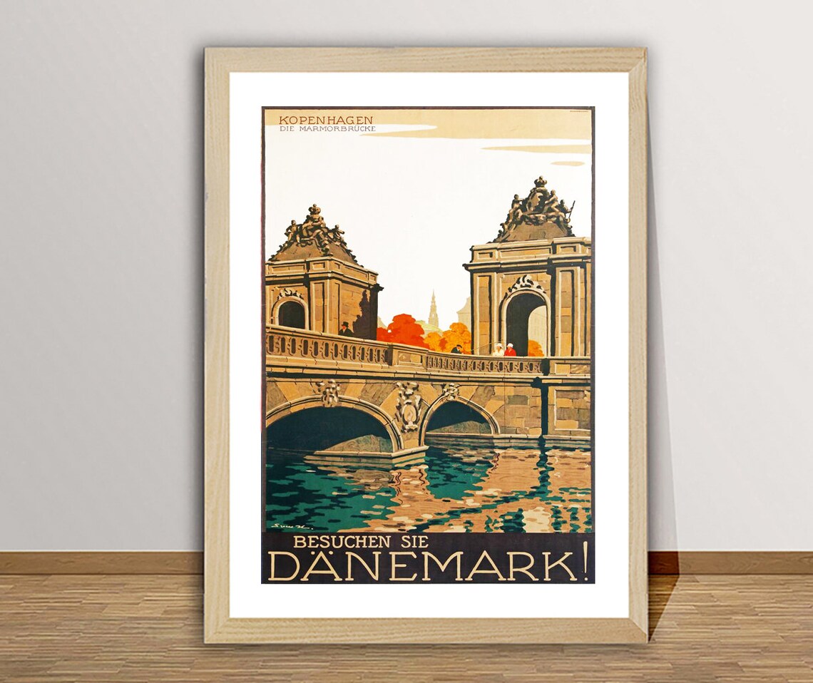 Classic Copenhagen Marble Bridge Vintage Denmark Travel Poster