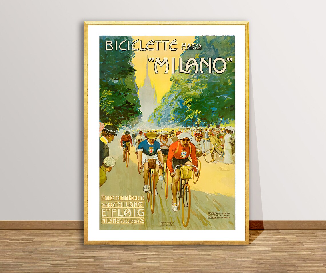 Biciclette Milano Brand Racing Cyclists Milan Avenue Vintage Poster