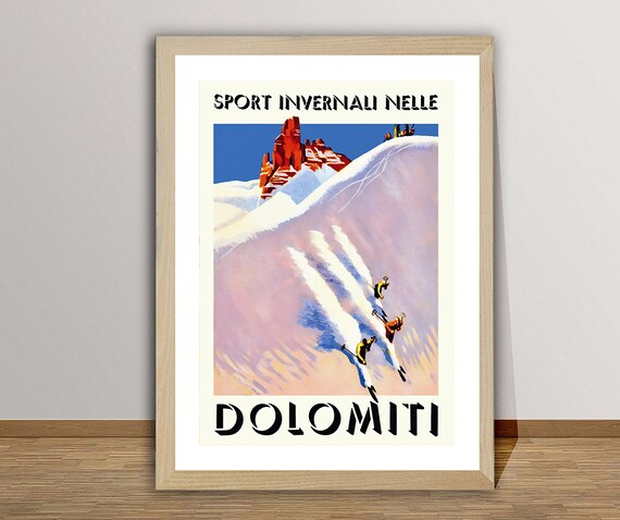 Dolomiti Vintage Travel Poster, Winter Sports Artwork