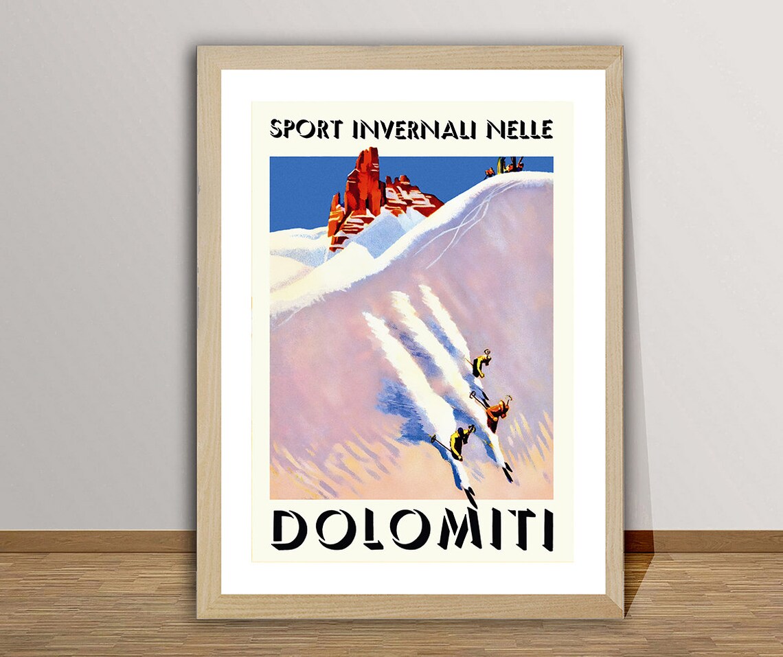 Dolomiti Vintage Travel Poster, Winter Sports Artwork
