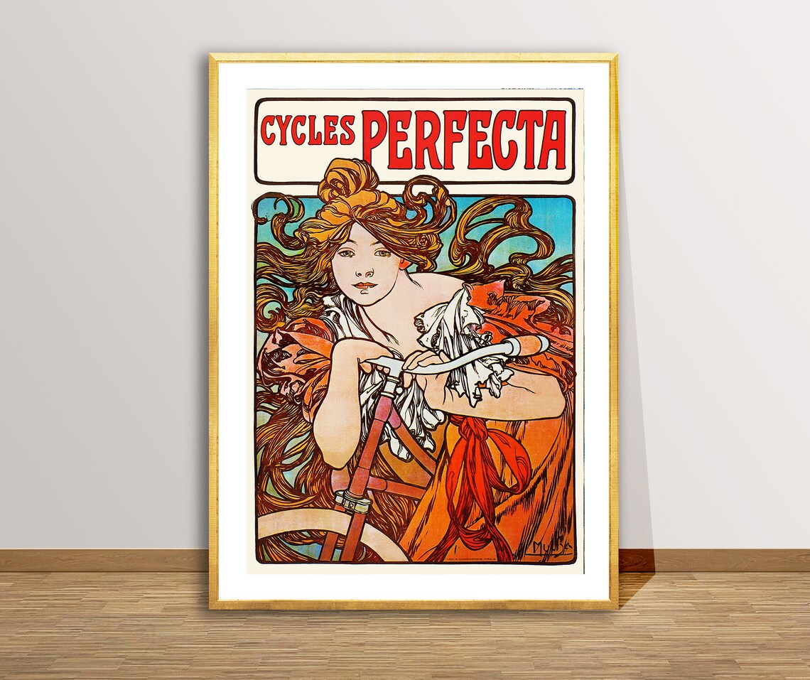 Cycles Perfecta Vintage Bicycle Poster, Mucha Retro Art