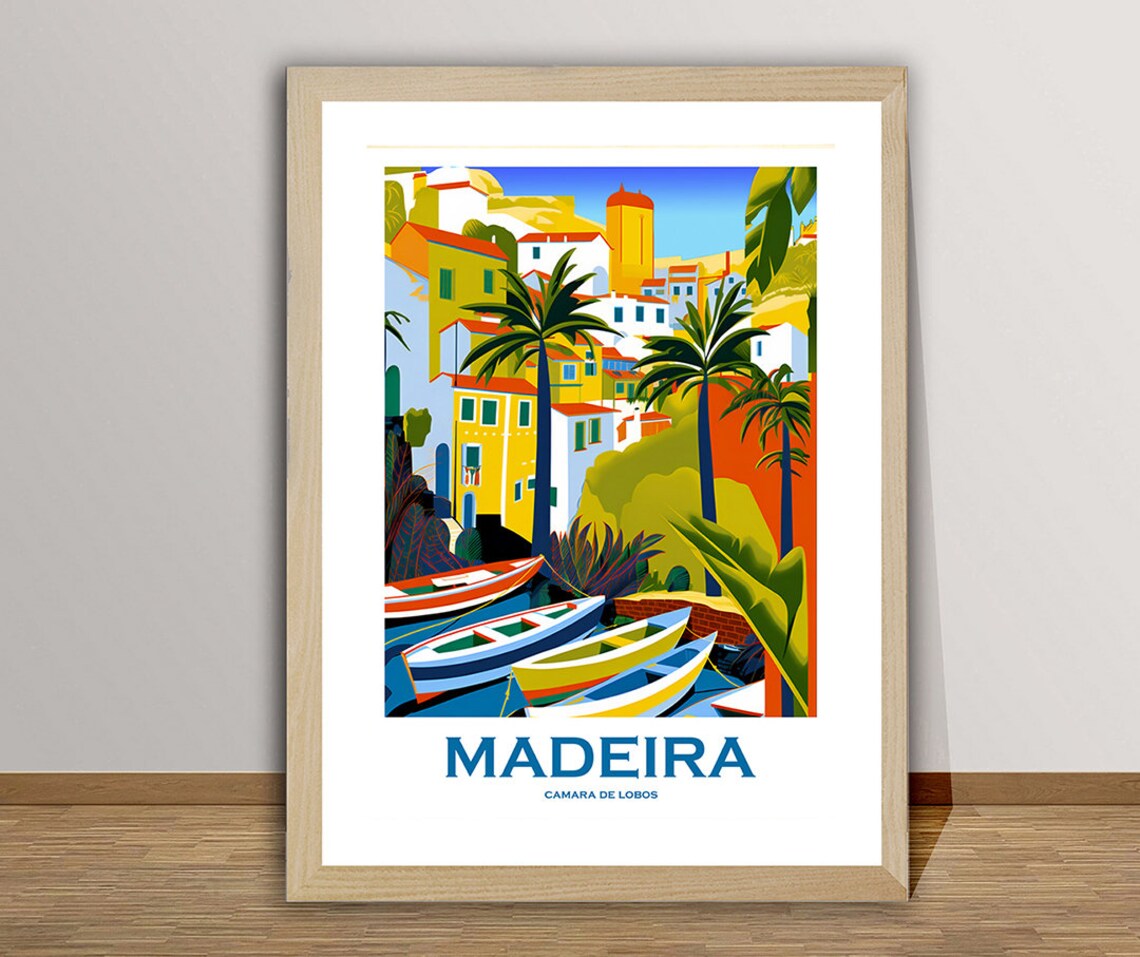 Madeira Camara De Lobos Fishing Boats Harbor Village Vintage Poster
