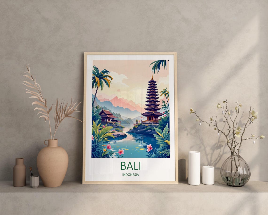 Bali Indonesia Lake Temple Pagoda Tropical Palms Garden Poster - Image 2