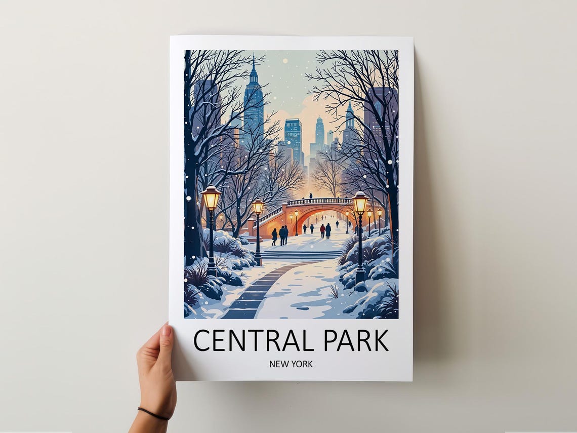 Central Park New York Snowy Winter Bridge City Travel Poster - Image 5