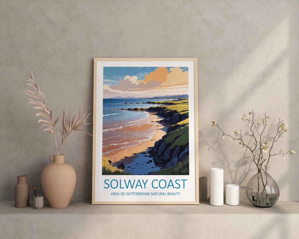 Solway Coast England Sandy Beach Cliffs Golden Light Travel Poster - Image 2