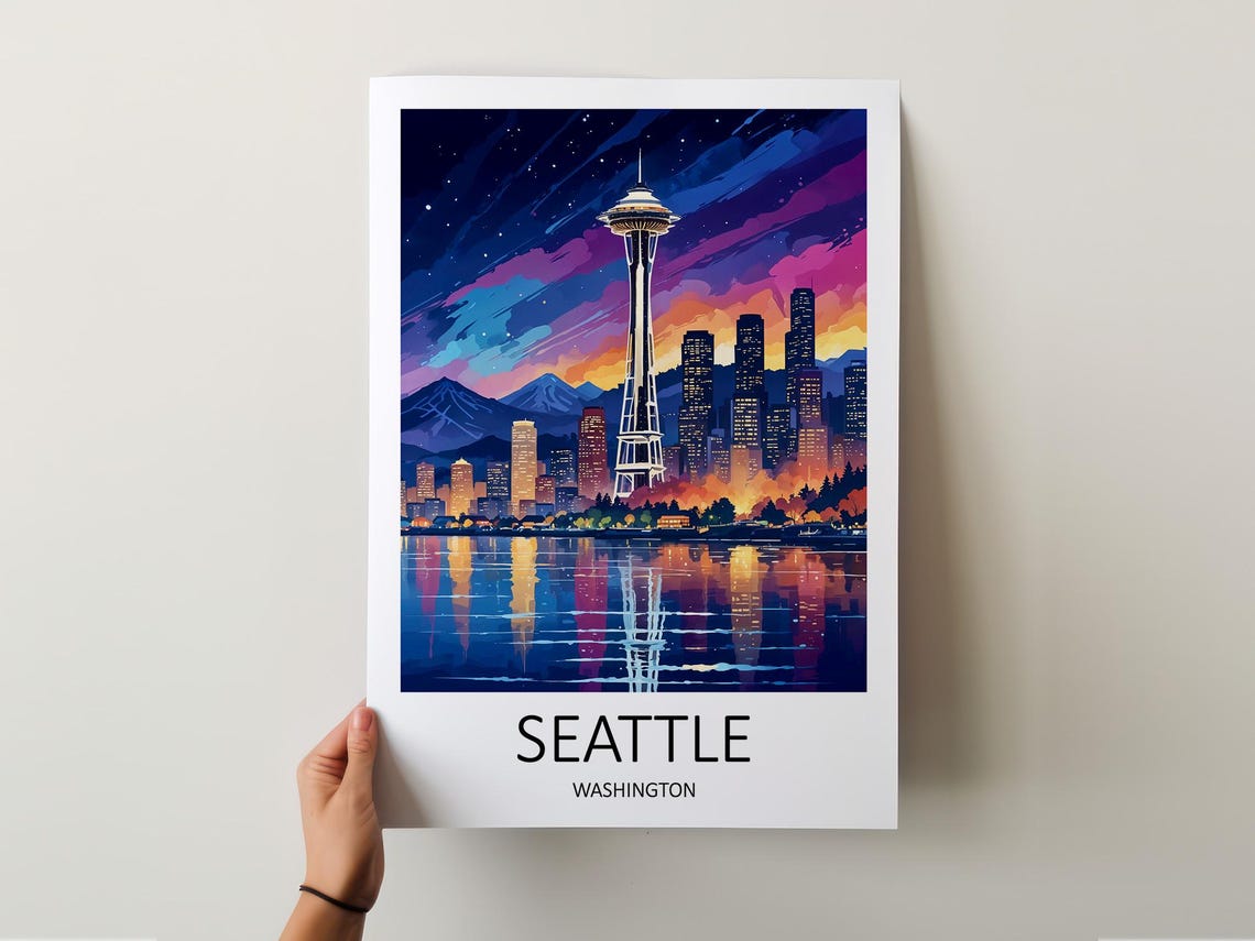 Seattle Washington Space Needle Skyline Night Lights Reflection Poster - Image 5