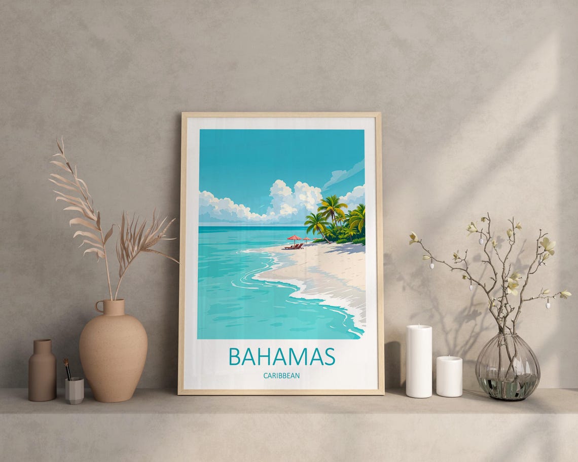 Bahamas Caribbean White Sand Beach With Palms and Umbrellas Poster - Image 2