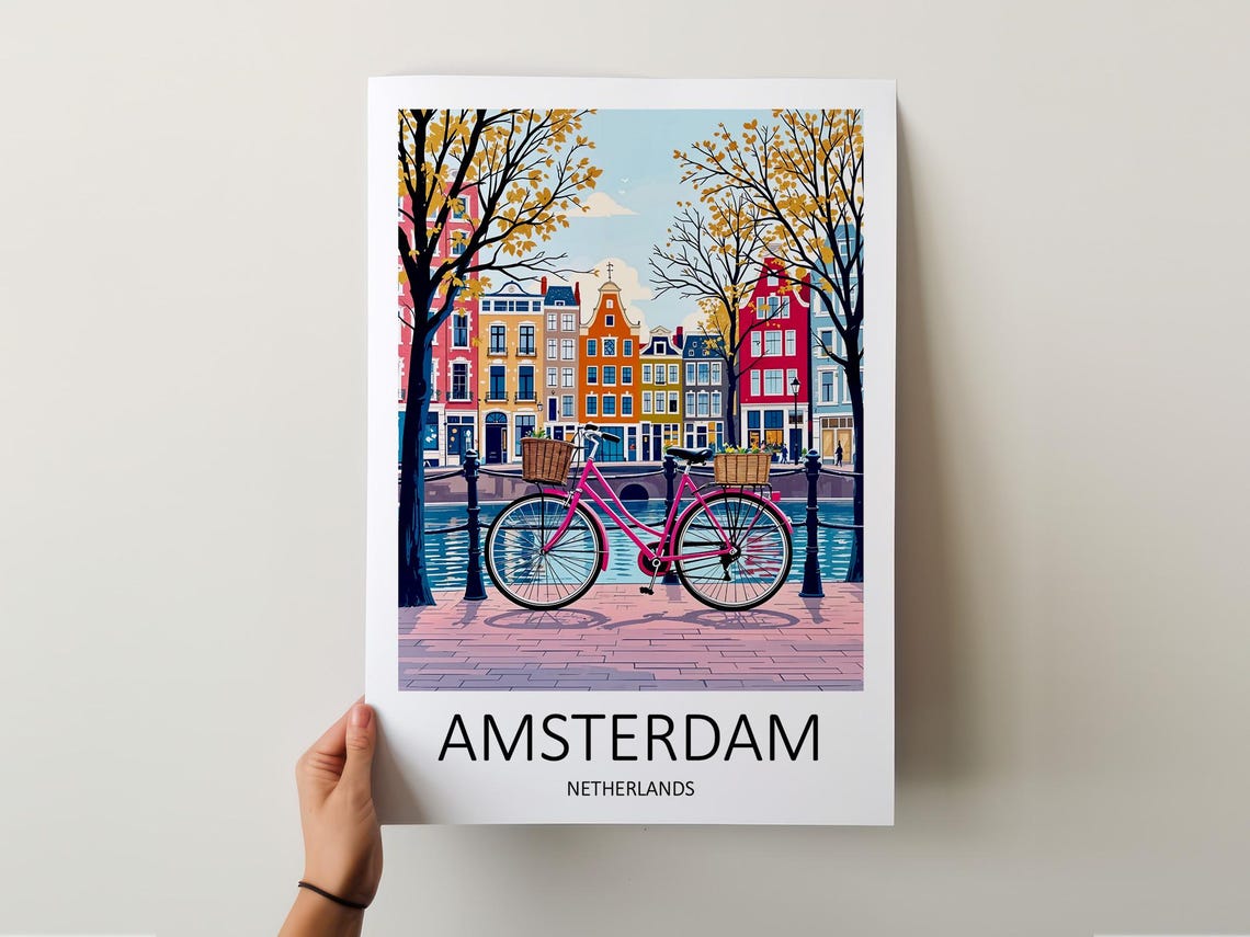 Amsterdam Netherlands Canal With Pink Bicycle and Houses Poster - Image 5