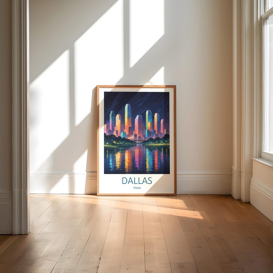 Dallas Texas Night Skyline With Bright Colorful City Lights Poster - Image 6