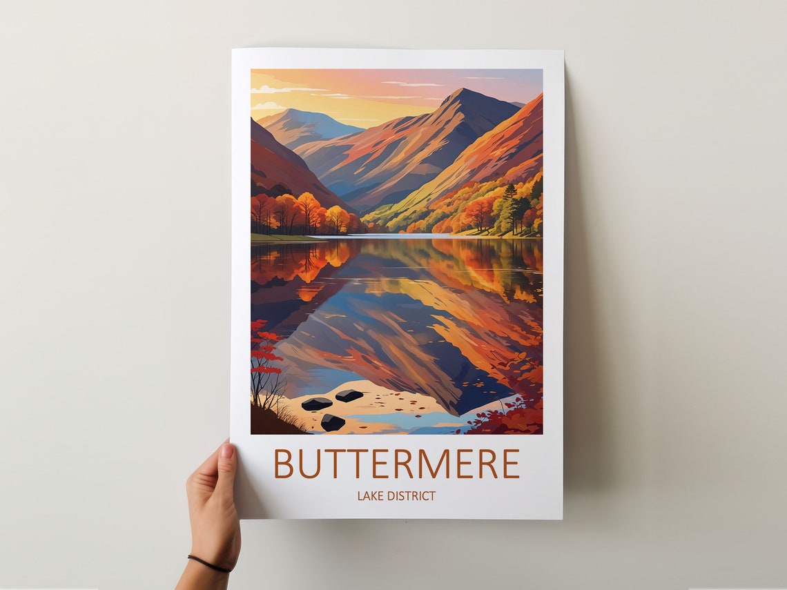 Buttermere Lake District Autumn Hills Reflected In Still Lake Poster - Image 5