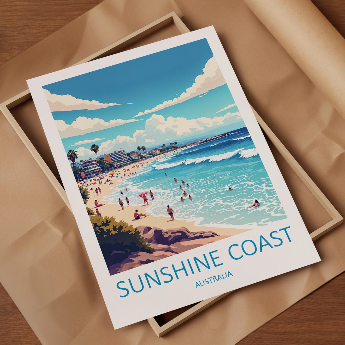 Sunshine Coast Australia Beach Day With Swimmers and Surf Poster - Image 4