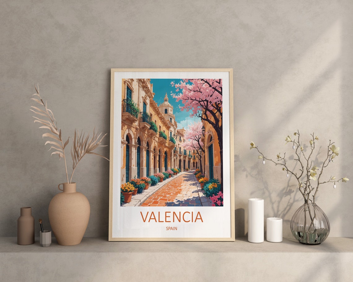 Valencia Spain Blossom Lined Historic Old Town Street in Spring Poster - Image 4