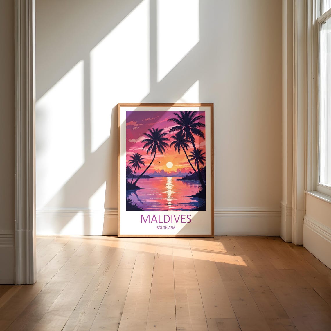 Maldives South Asia Palm Tree Sunset Lagoon Vintage Travel Poster - Image 6