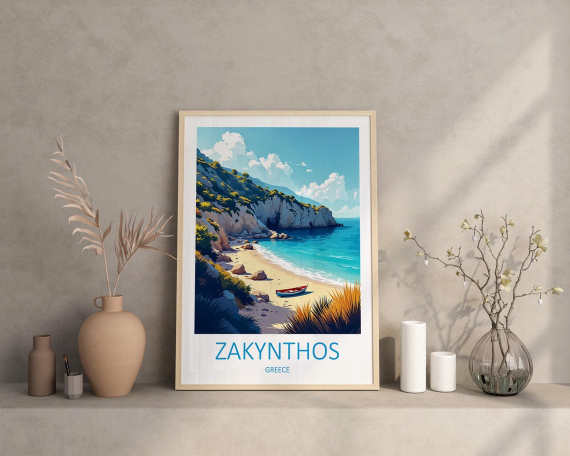 Zakynthos Greece Turquoise Beach Cove With Red Fishing Boat Poster - Image 2