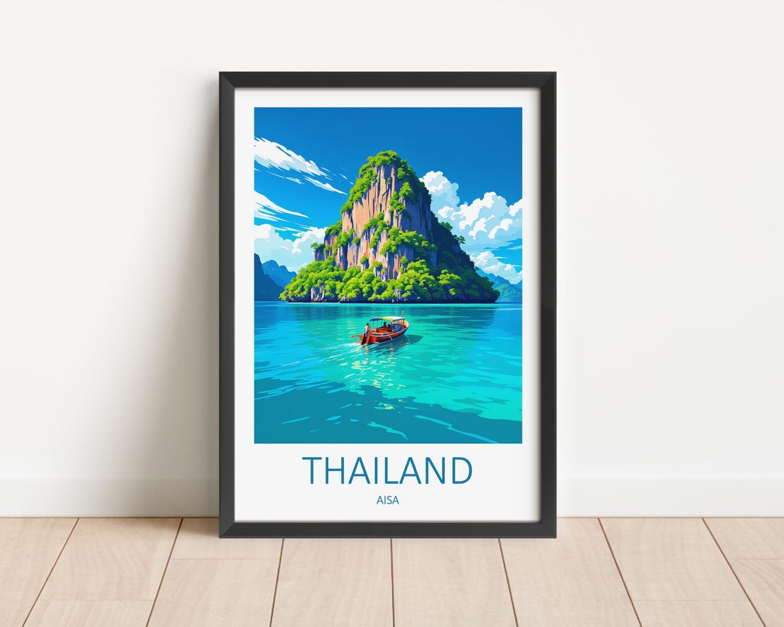 Thailand Limestone Karst Island Longtail Boat Bay Scenic Travel Poster