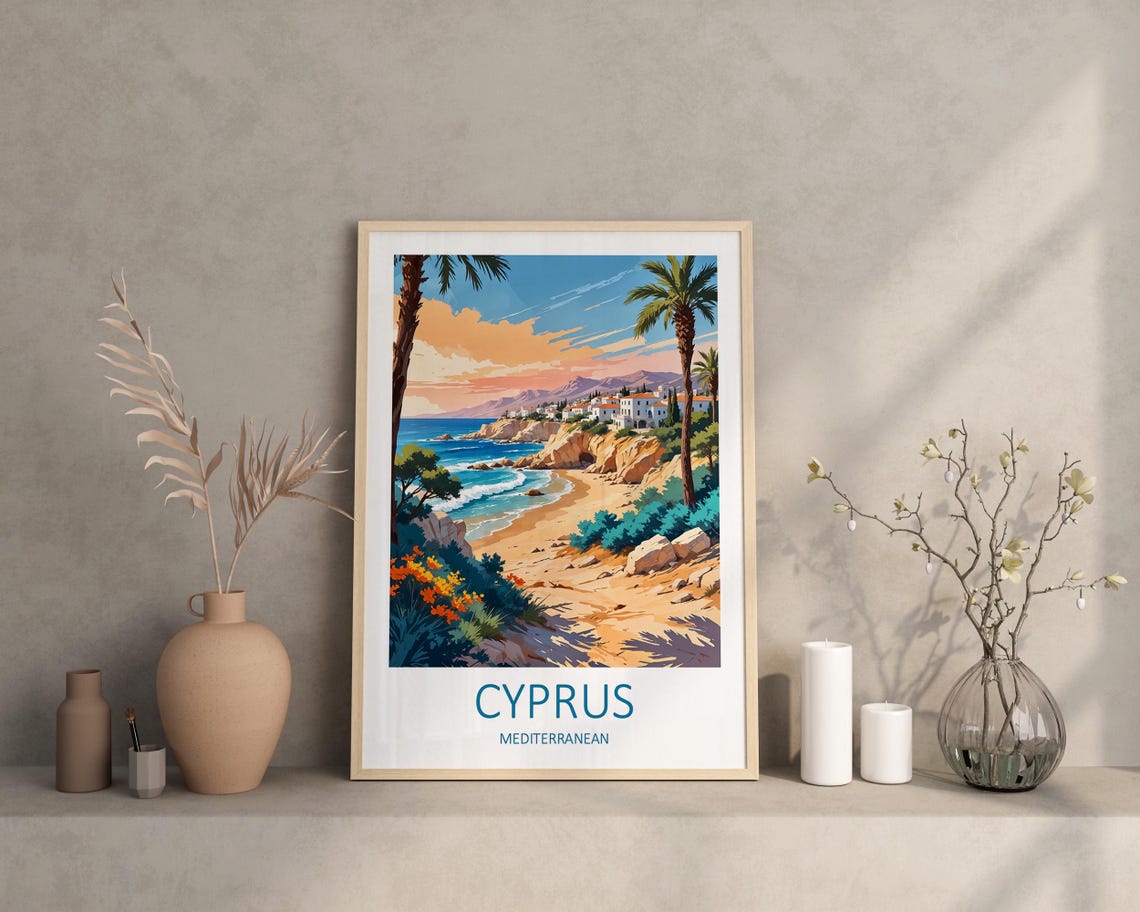 Cyprus Mediterranean Golden Beach Bay With Whitewashed Village Poster - Image 2