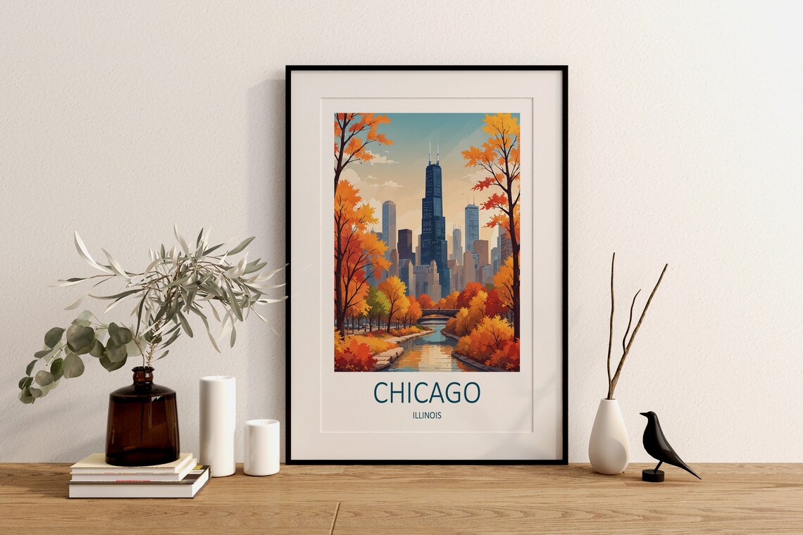 Chicago Illinois Skyline Golden Autumn Riverside Travel Poster - Image 2