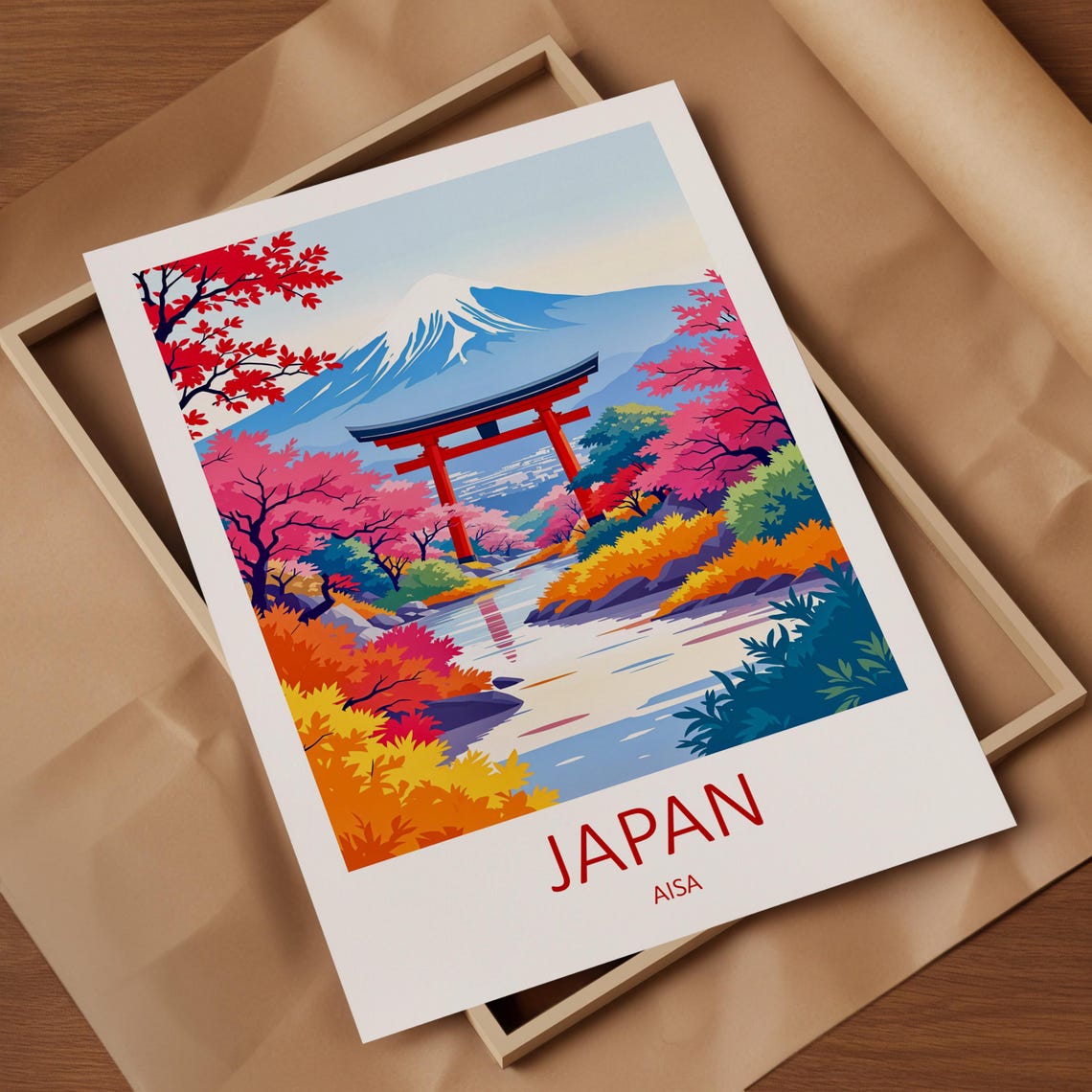 Japan Mount Fuji Red Torii Gate Autumn Cherry Blossom River Poster - Image 4