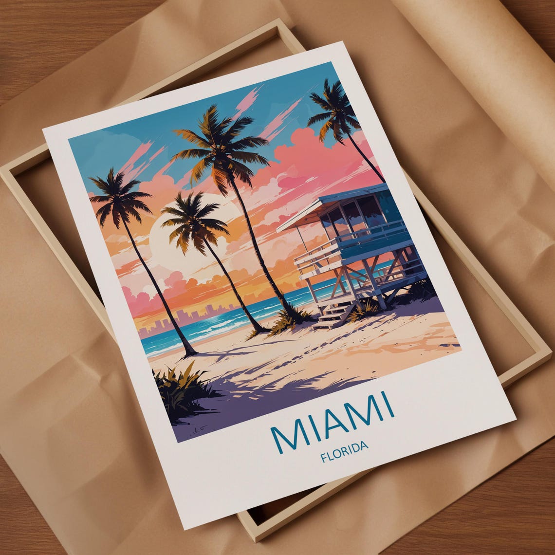 Miami Florida Lifeguard Tower Beach Sunset With Palm Trees Poster - Image 4