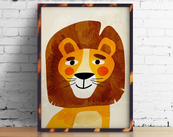 Cute Smiling Lion Face Warm Watercolor Nursery Kids Room Art Poster
