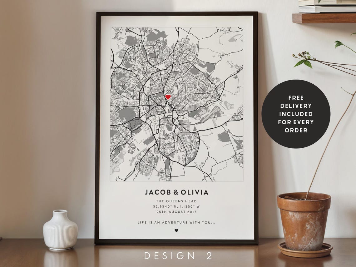 Personalized Couple Map Print Engagement Anniversary Gift For Couples
