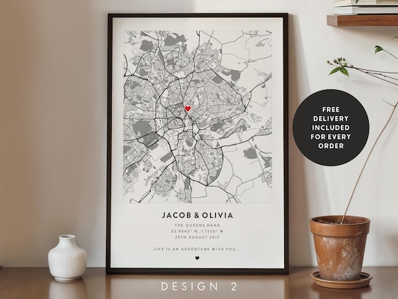 Personalized Couple Map Print Engagement Anniversary Gift For Couples