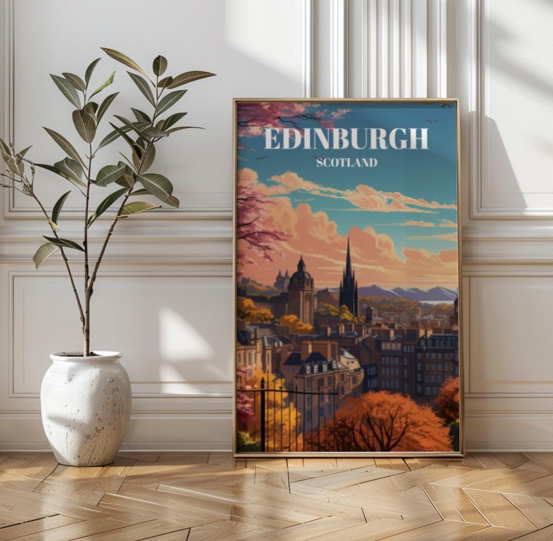 Vintage Edinburgh Scotland Autumn Skyline Cityscape Travel Poster