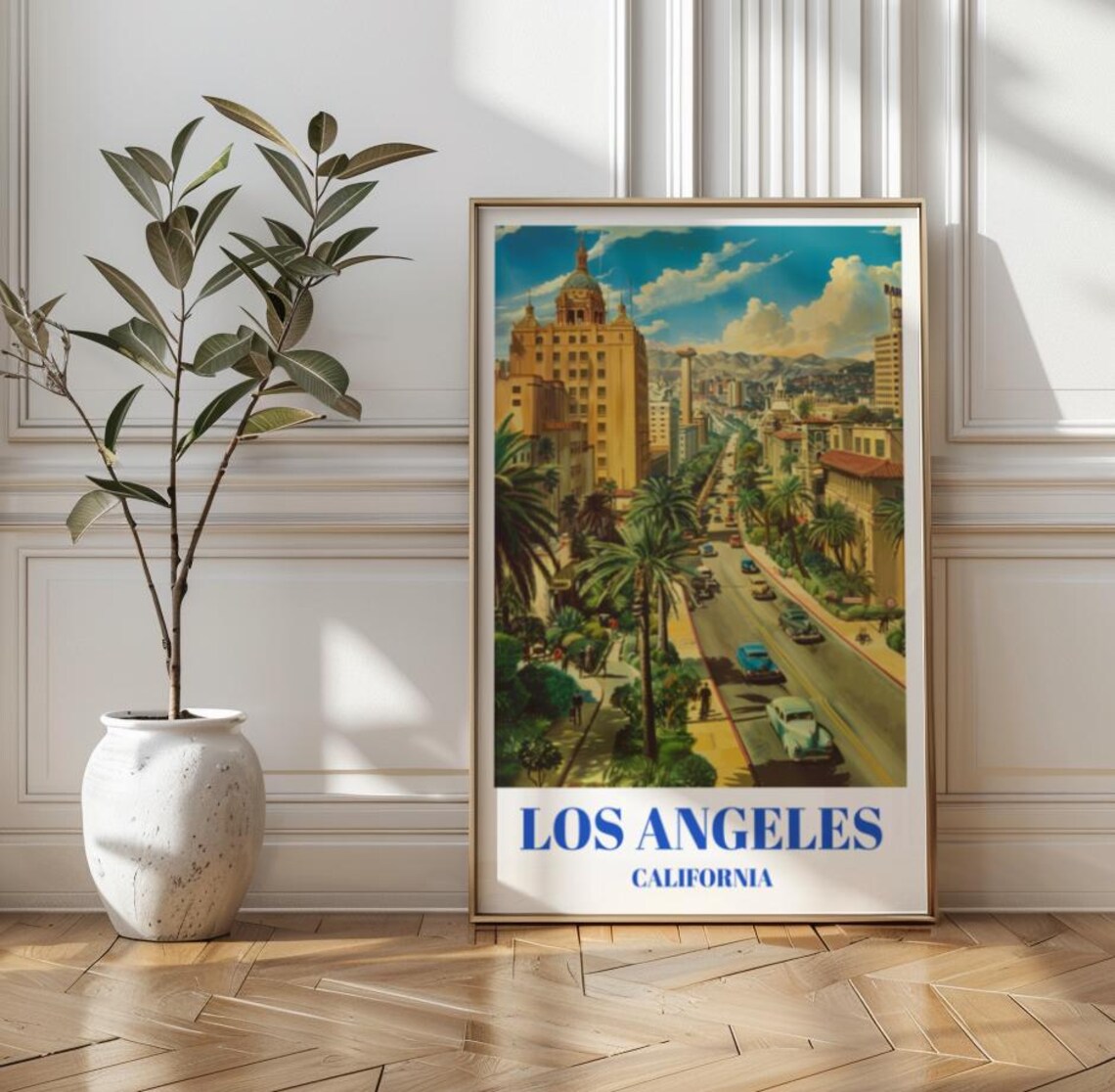 1940s Los Angeles California Retro Art Deco Street Cars Travel Poster