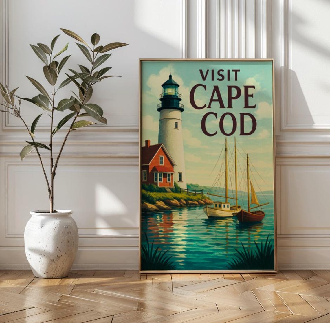 Visit Cape Cod Lighthouse Sailboat Vintage New England Travel Poster