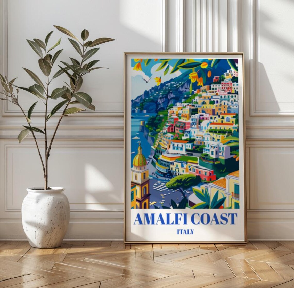Amalfi Coast Italy Colorful Coastal Village Travel Art Poster