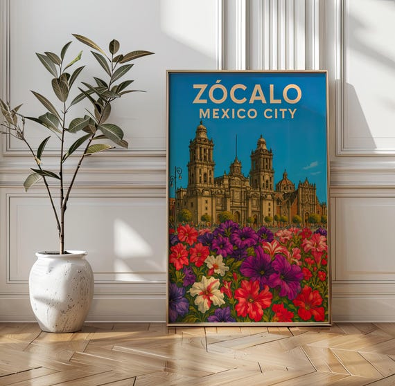 Zcalo Mexico City Vintage Travel Poster Metropolitan Cathedral Art Print