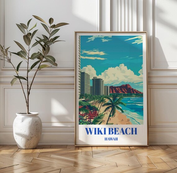 Wiki Beach Hawaii Vintage Travel Style Poster With Palms and Surf
