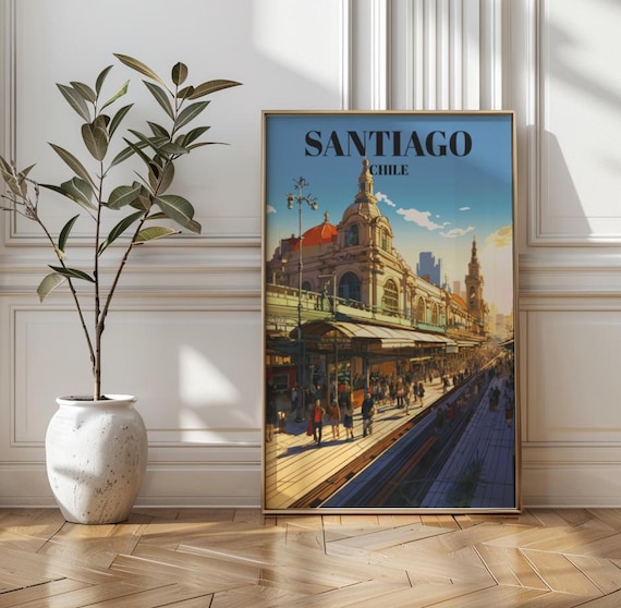 Santiago Chile Vintage City Market Landmark Travel Illustration Poster