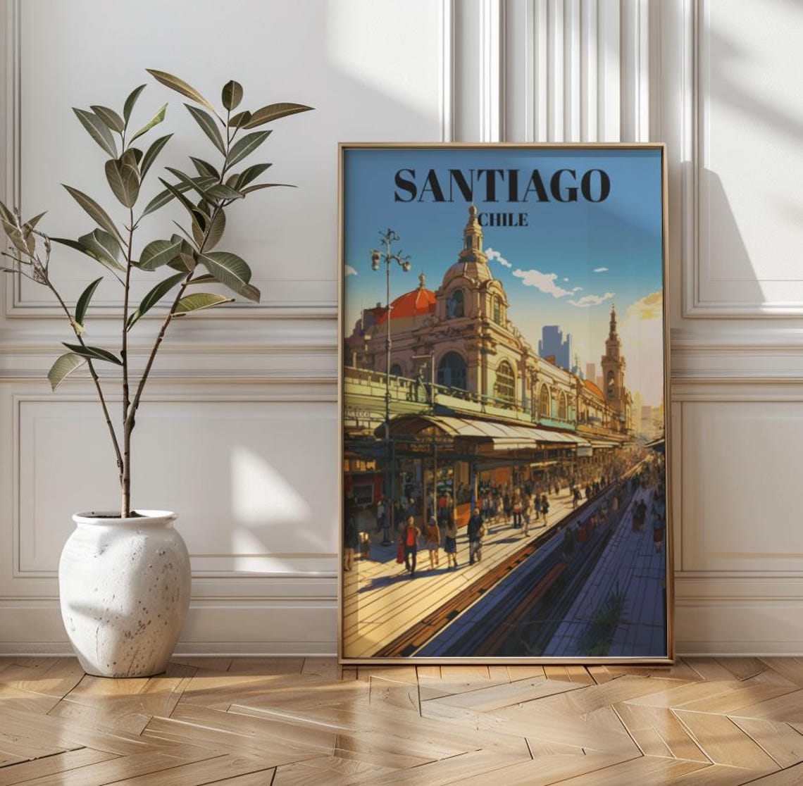 Santiago Chile Vintage City Market Landmark Travel Illustration Poster