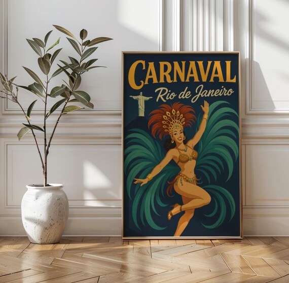 Carnaval Rio De Janeiro Poster Vintage Brazil Samba Dancer Travel Art