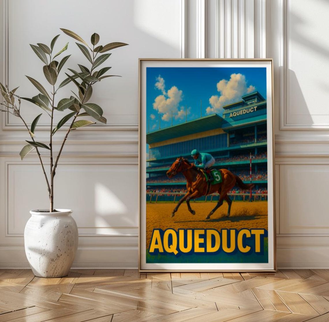 Aqueduct Horse Racing Poster Vintage Racetrack Grandstand Speed Scene