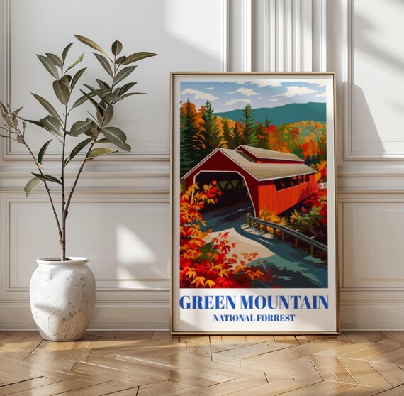 Green Mountain National Forest Red Covered Bridge Fall Travel Poster