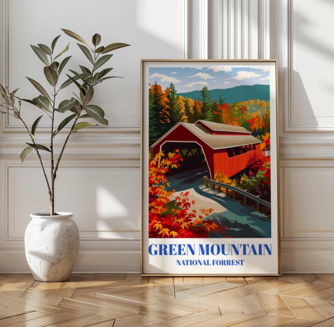 Green Mountain National Forest Red Covered Bridge Fall Travel Poster