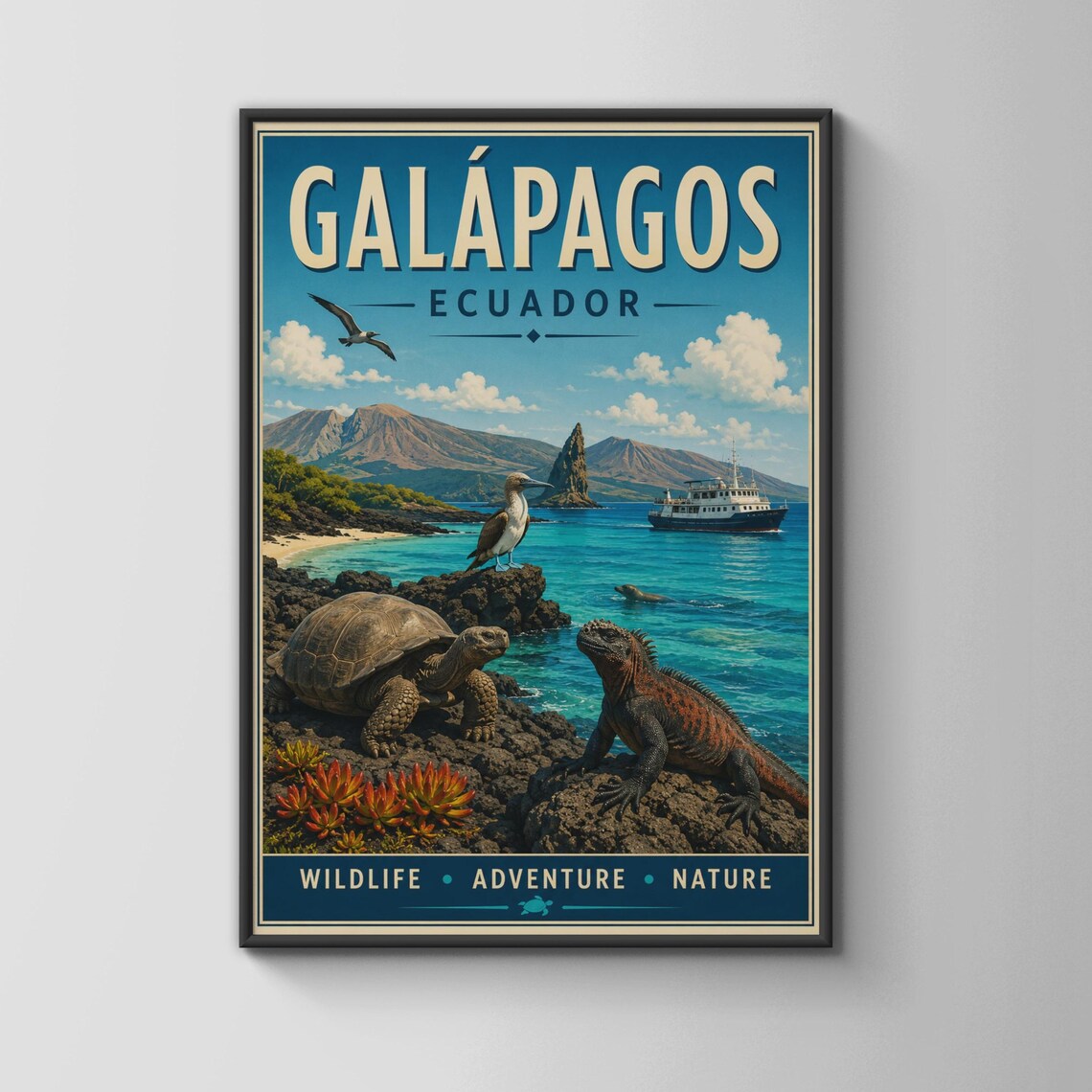 Galapagos Islands Retro Travel Poster, Ecuador Wildlife