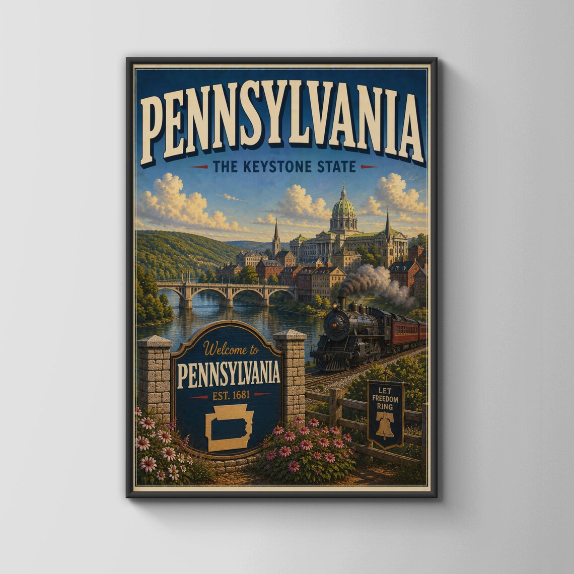 Pennsylvania The Keystone State Vintage Travel Steam Train Capitol Poster