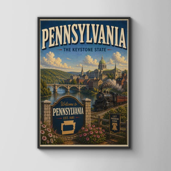 Pennsylvania Vintage Travel Poster Keystone State Wall Art Harrisburg Capitol Steam Train Print