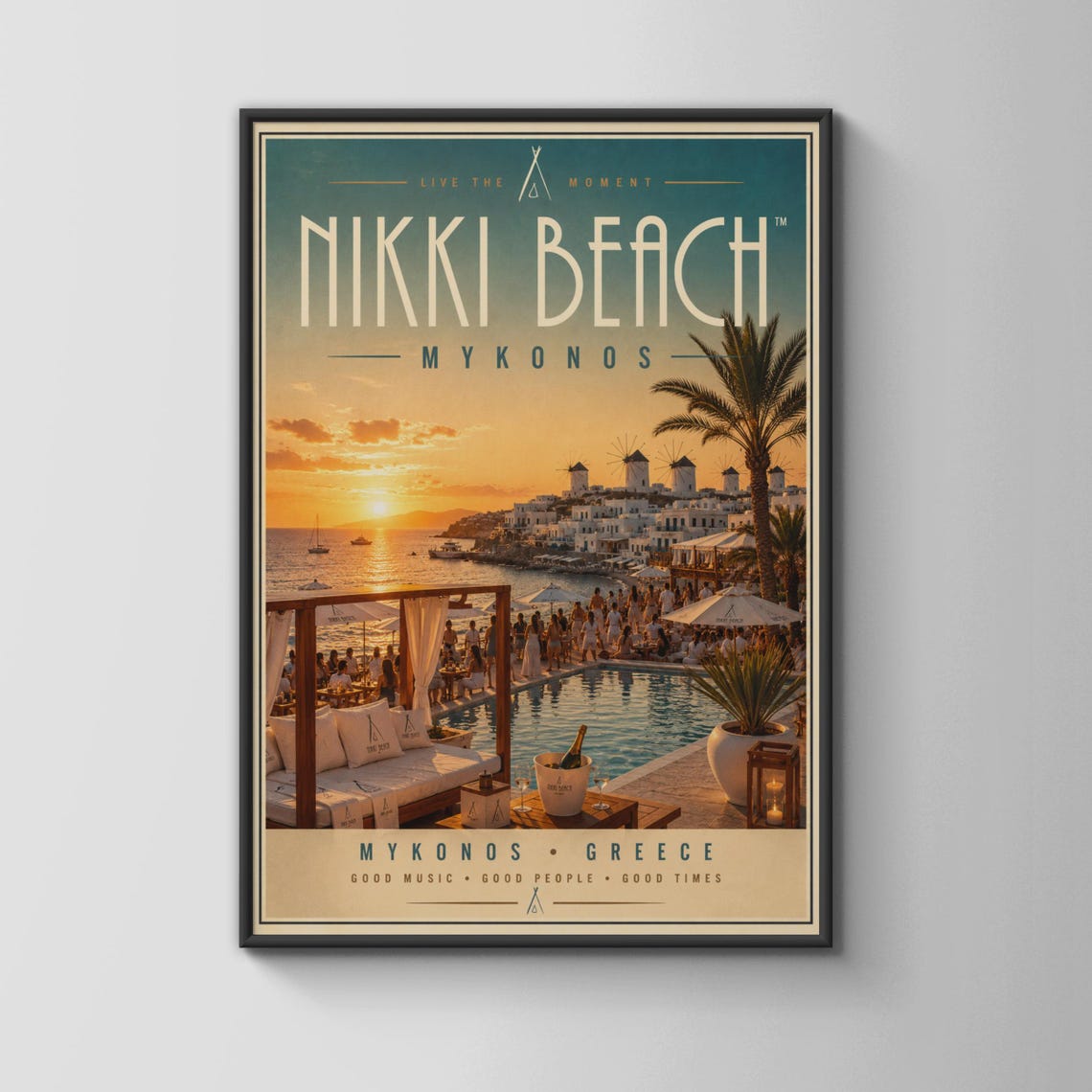 Nikki Beach Mykonos Greece Sunset Pool Party Vintage Travel Poster