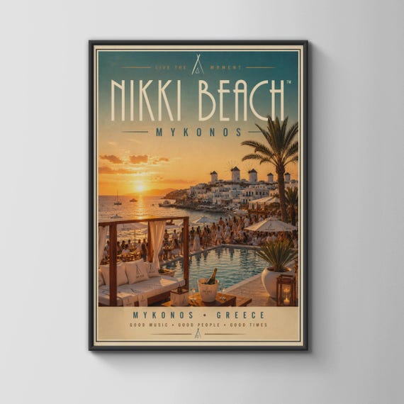 Nikki Beach Mykonos Sunset Art Print Vintage Greek Island Wall