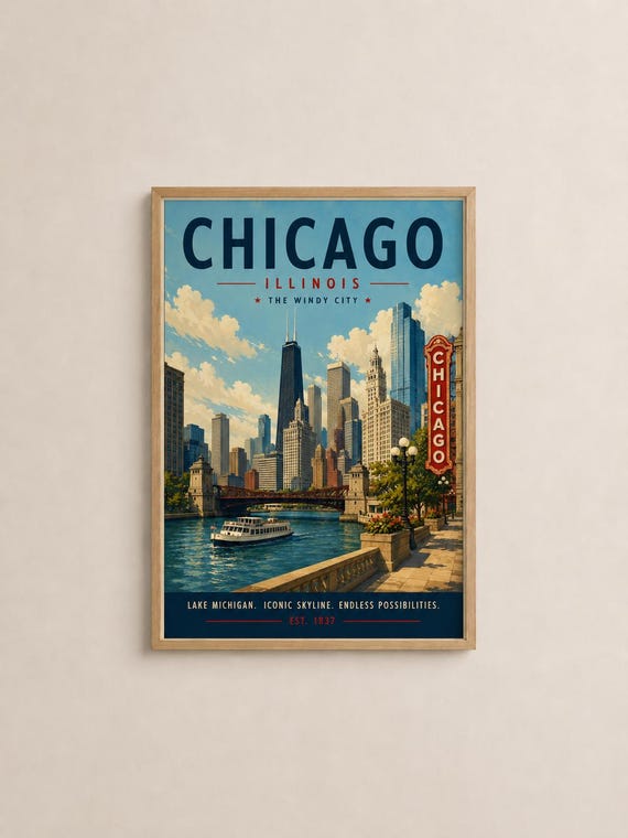 Vintage Chicago Travel Poster Illinois Skyline River Art