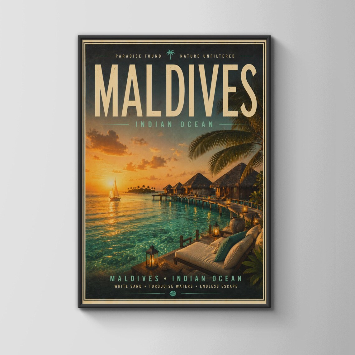 Maldives Indian Ocean Tropical Overwater Villas Sunset Travel Poster