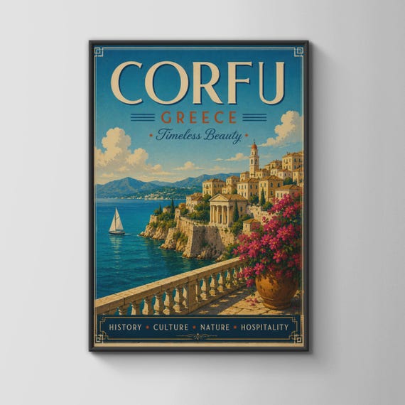 Corfu Greece Vintage Travel Poster Greek Island Wall Art Retro Mediterranean Print