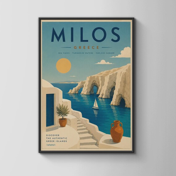 Milos Greece Vintage Travel Poster Sea Caves Turquoise Waters Aegean Summer
