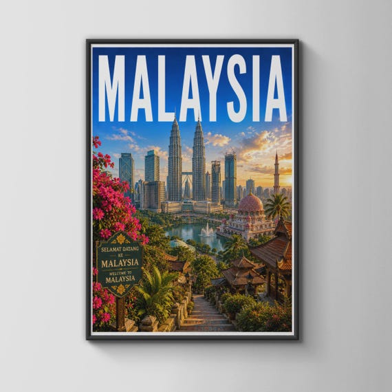Malaysia Travel Poster Kuala Lumpur Skyline Wall Art Petronas Towers Print Kl City