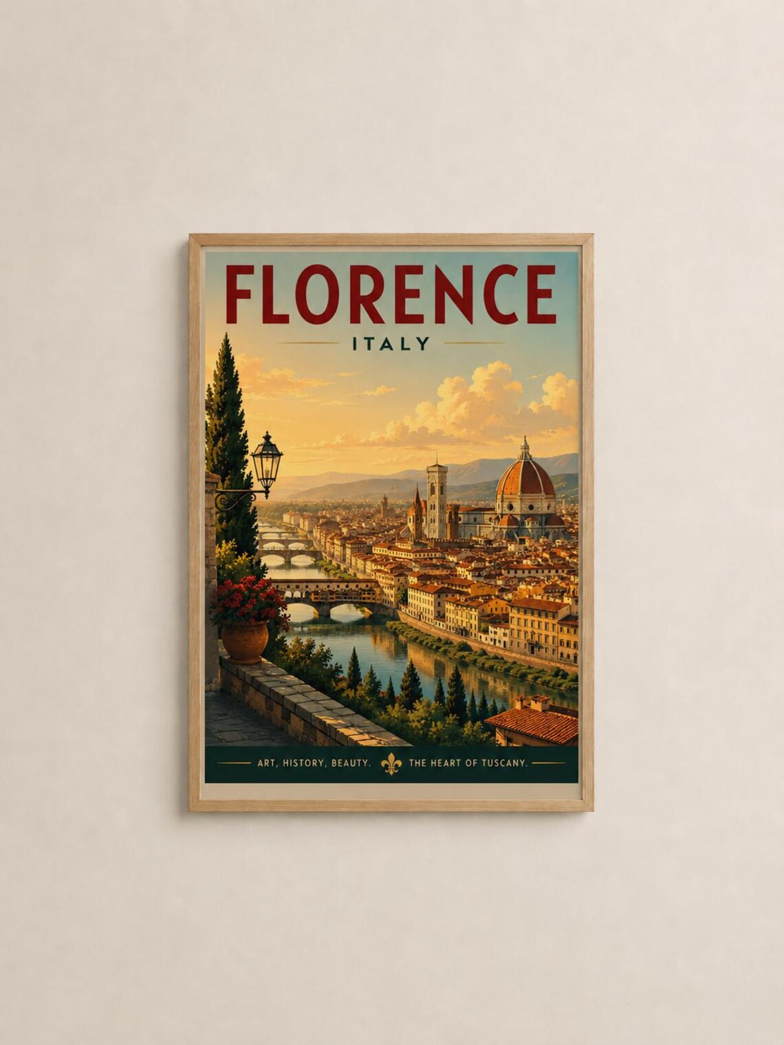 Florence Italy Vintage Travel Poster, Tuscan Cityscape